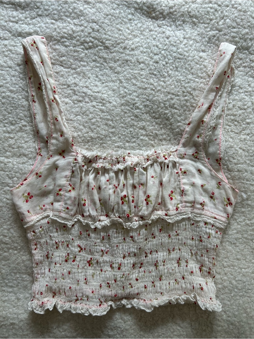 Free People White Smocked Crop Top with Pink Floral Print